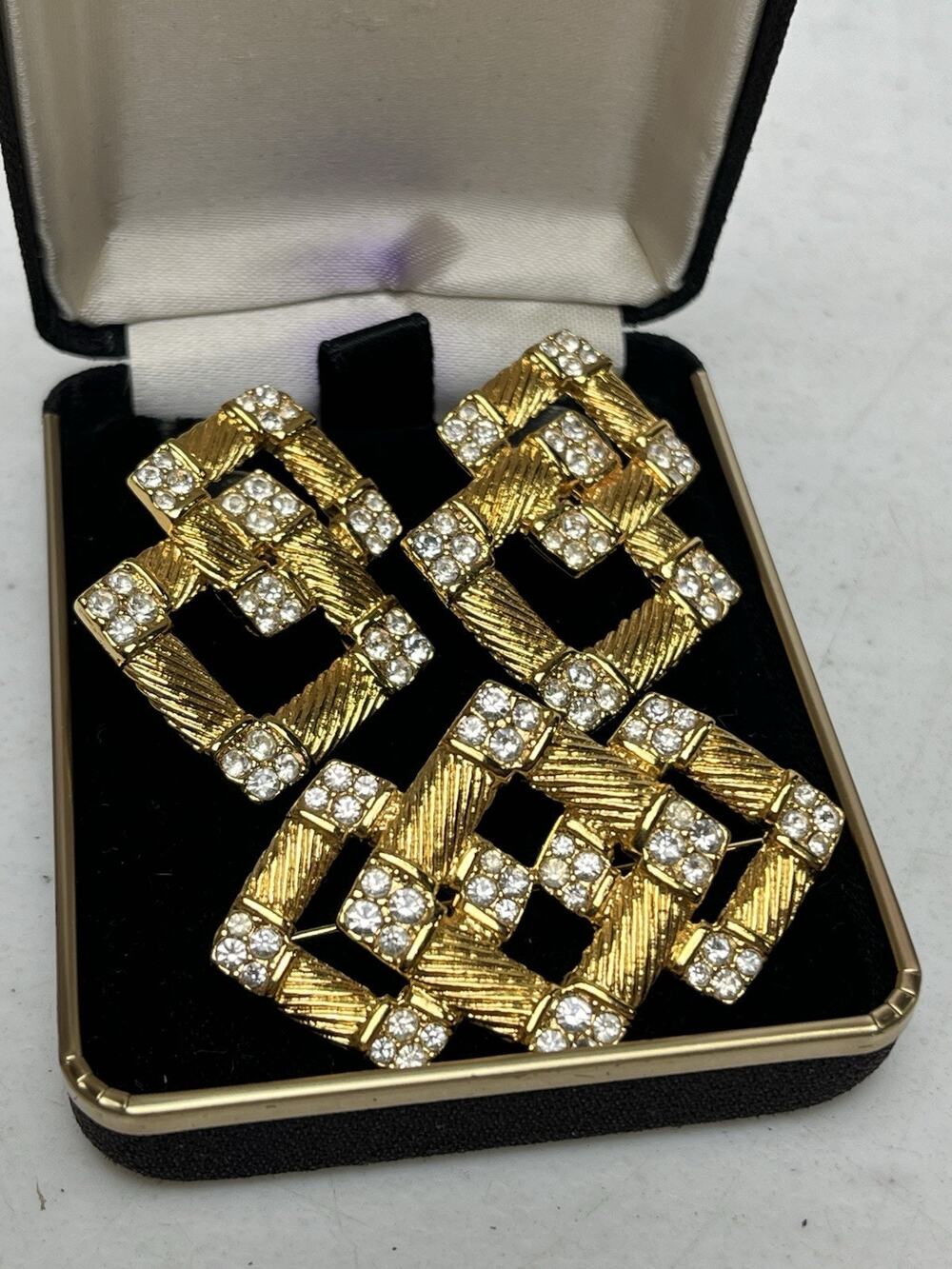 Vintage Premier Design Earring Set Brooch Pin Gold Tone Rhinestone Square Weaved